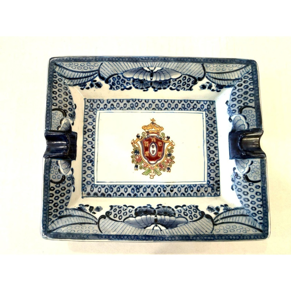 Vintage Rectangular Ceramic Delft Asian Blue Butterfly Border Ashtray